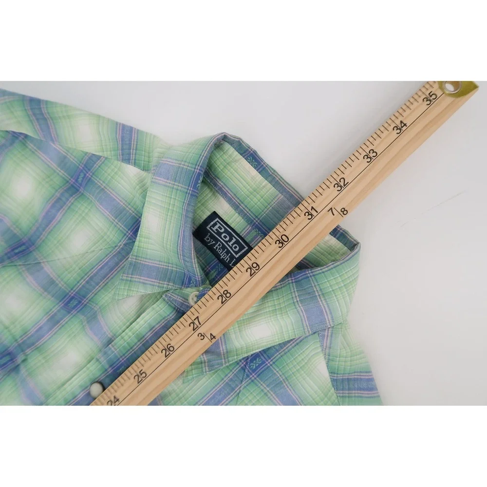 Vintage‎ Polo Ralph Lauren Western Shirt Mens Small Green Blue Plaid Pearl Snap